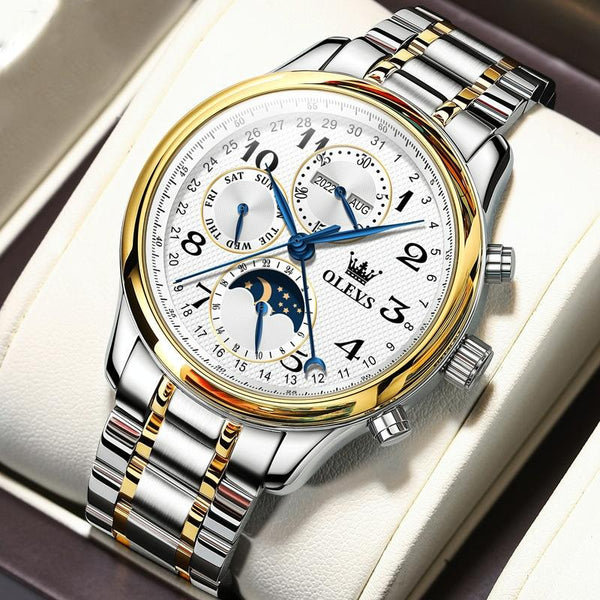 Waterproof Luminous Mechanical Watch For Men Multifunction Steel Band + Gold White Watches
