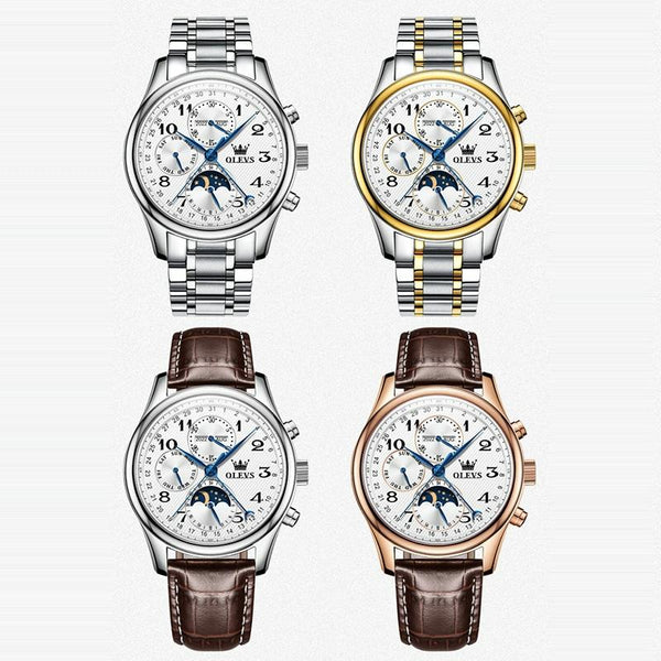 Waterproof Luminous Mechanical Watch For Men Multifunction Steel Band + Gold White Watches