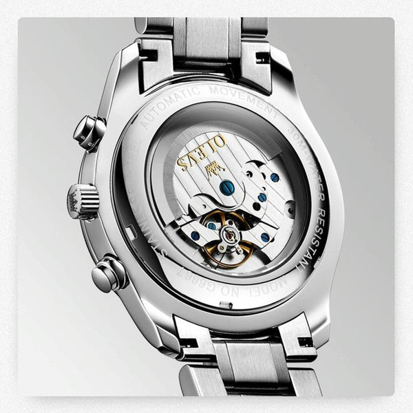 Waterproof Luminous Mechanical Watch For Men Multifunction Steel Band + Gold White Watches