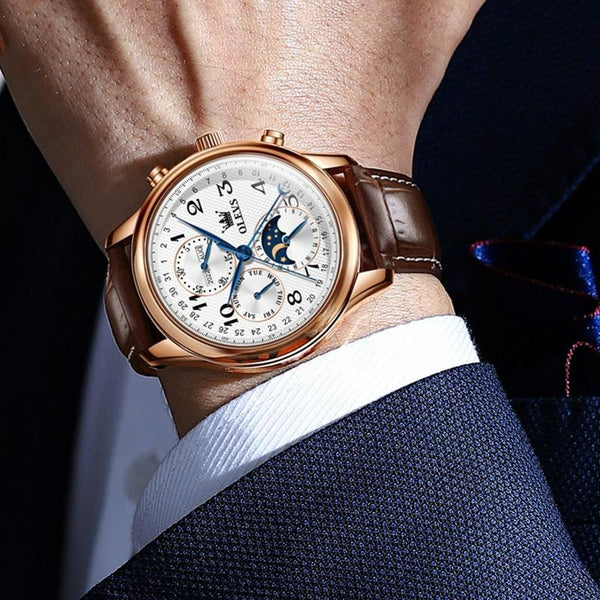 Waterproof Luminous Mechanical Watch For Men Multifunction Steel Band + Gold White Watches