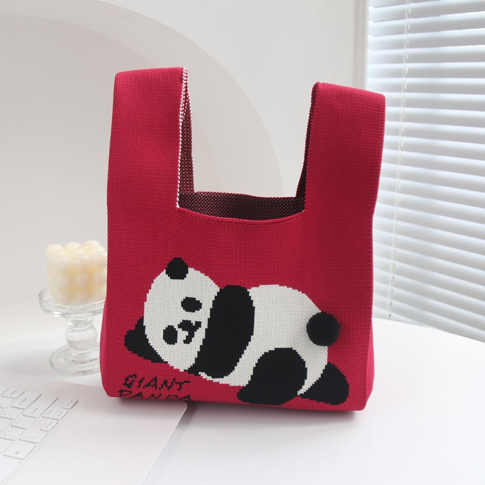 Cartoon Panda Knit Bag Large Capacity Vest Handbag Red Women's Bags & Handbags