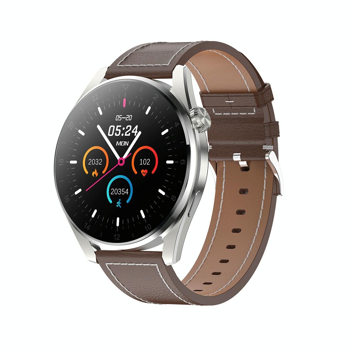 Waterproof Leather Smartwatch With Colour Display Brown Smart Watches