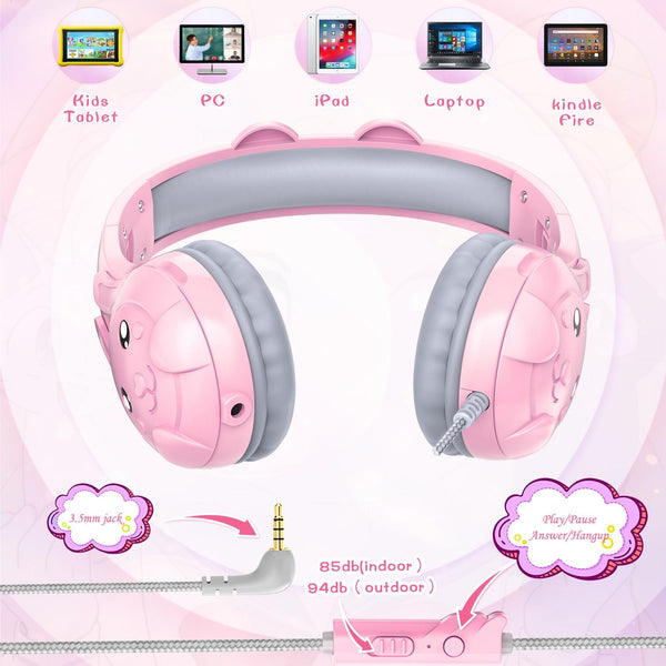 Kids Wired Over Ear Earphone With Mic 1.5M Pink Wired Earphones