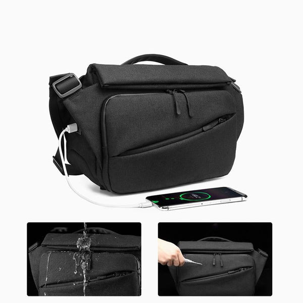 Waterproof Men Messenger Bag With Usb Charging Port Multifunctional Design Black Bags
