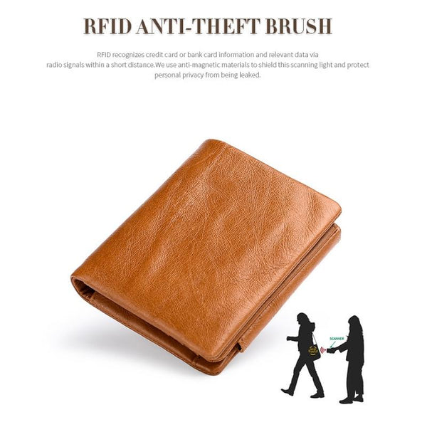 Men Rfid Leather Tri Fold Wallet Genuine Coffee Wallets
