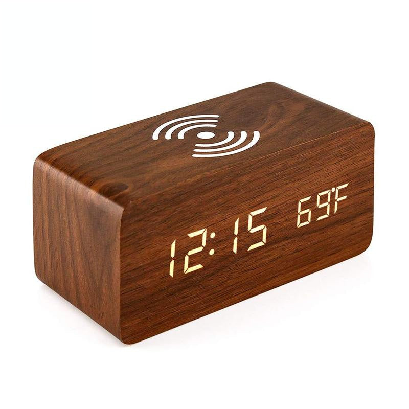 5W Wireless Charger With Led Mirror Display And Sub Alarm Clock Rosewood Chargers & Cradles