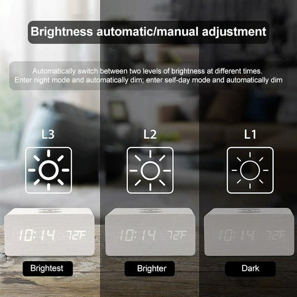 5W Wireless Charger With Led Mirror Display And Sub Alarm Clock Rosewood Chargers & Cradles