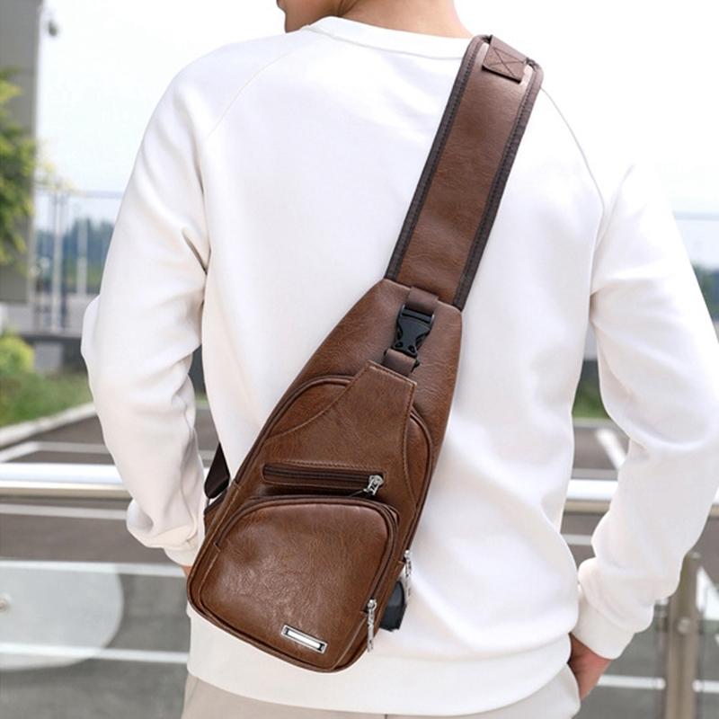 Waterproof Pu Leather Men Chest Bag Usb Port Headphone Hole Light Brown Bags