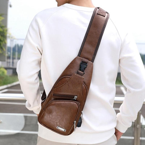 Waterproof Pu Leather Men Chest Bag Usb Port Headphone Hole Light Brown Bags