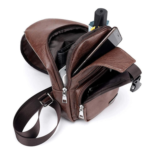 Waterproof Pu Leather Men Chest Bag Usb Port Headphone Hole Light Brown Bags