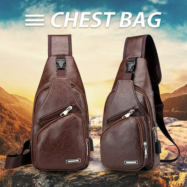 Waterproof Pu Leather Men Chest Bag Usb Port Headphone Hole Light Brown Bags