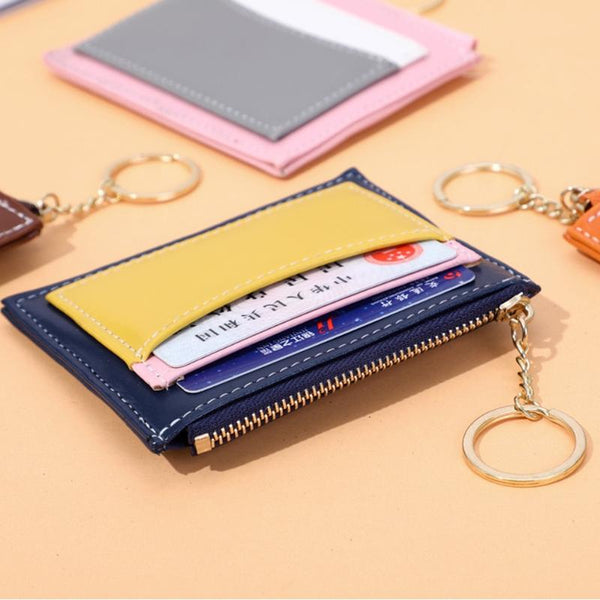 Portable Simple Card Holder Coin Purse With Keychain Unisex Pu Wallet Orange Wallets
