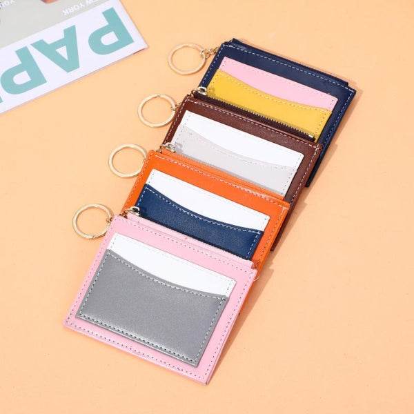 Portable Simple Card Holder Coin Purse With Keychain Unisex Pu Wallet Orange Wallets