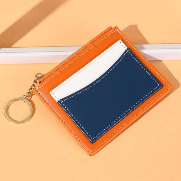 Portable Simple Card Holder Coin Purse With Keychain Unisex Pu Wallet Orange Wallets