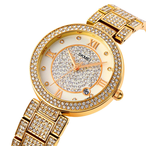 Women Quartz Watch With Diamond Roman Numerals And Round Dial Gold Watches