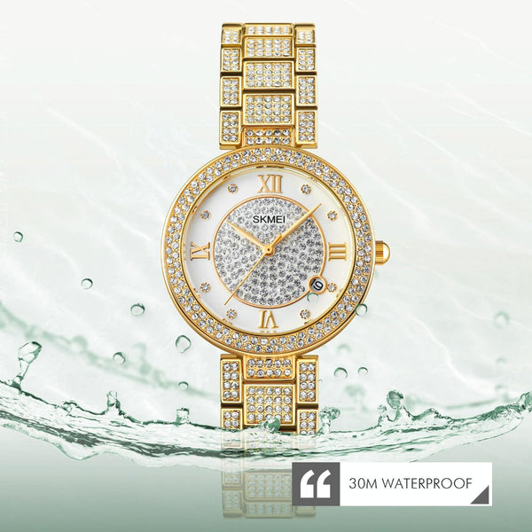 Women Quartz Watch With Diamond Roman Numerals And Round Dial Gold Watches
