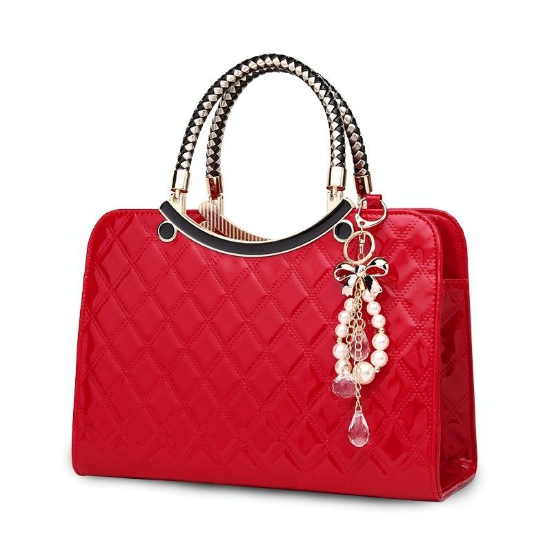 Diamond Pattern Leather Handbag With Hanging Ornaments Women Red Women's Bags & Handbags