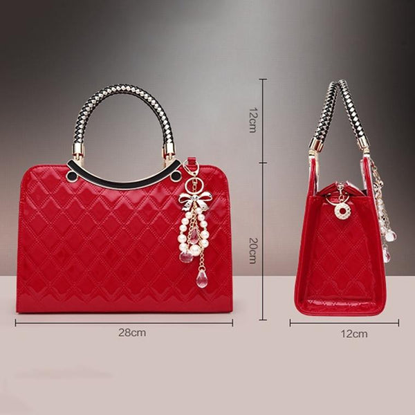 Diamond Pattern Leather Handbag With Hanging Ornaments Women Red Women's Bags & Handbags