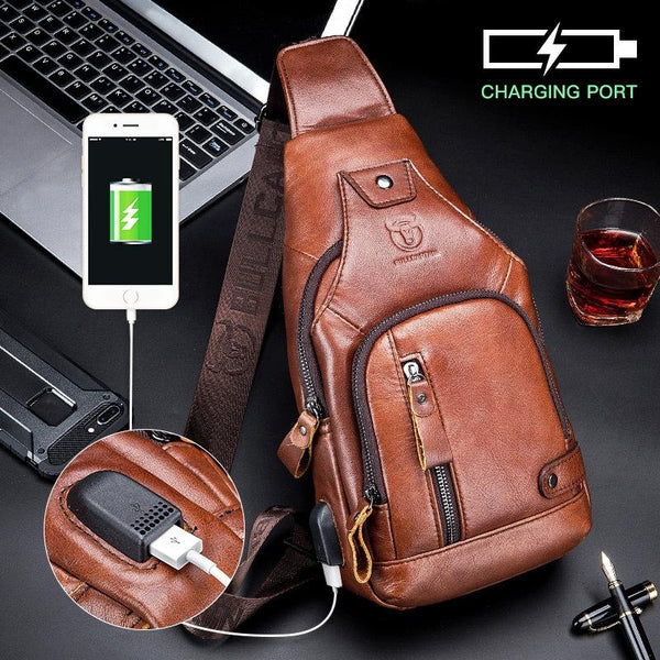Soft Cowhide Chest Bag For Men Outdoor Casual Red Brown Bags