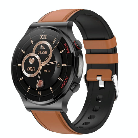 1.32 Inch Leather Smart Watch With Health Monitoring: Ecg Bp Temperature Brown Smart Watches