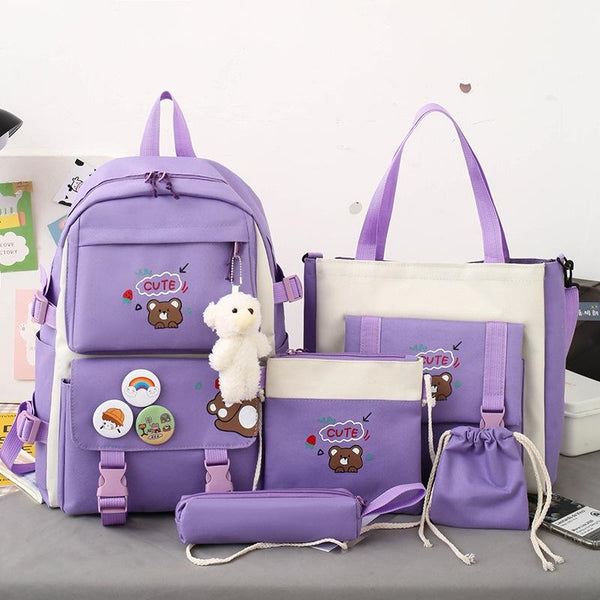 Adorable 5 Piece Girls Backpack Set With Bear Design Black Backpacks & Bags