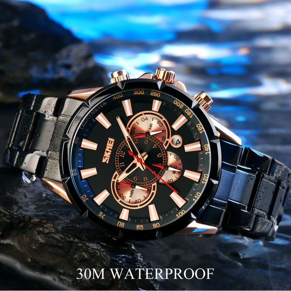 Stainless Steel Men Quartz Watch With Calendar 9241 Rose Gold Black Watches