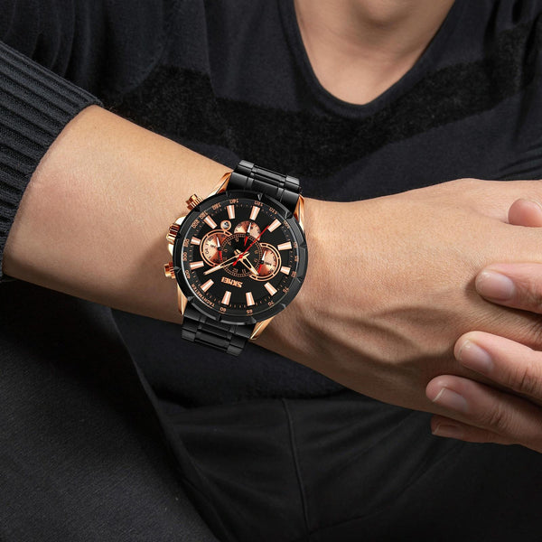 Stainless Steel Men Quartz Watch With Calendar 9241 Rose Gold Black Watches