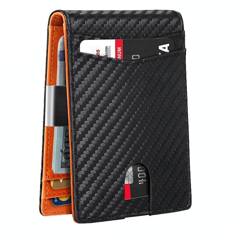 Rfid Protected Leather Credit Card Wallet Secure & Stylish Carbon Fiber Black Orange Inside Wallets