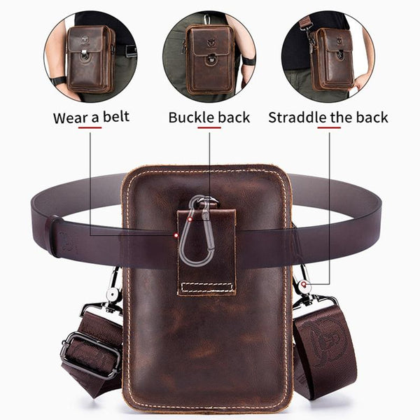 Men First Layer Cowhide Waist Bag Multi Function Brown Bags