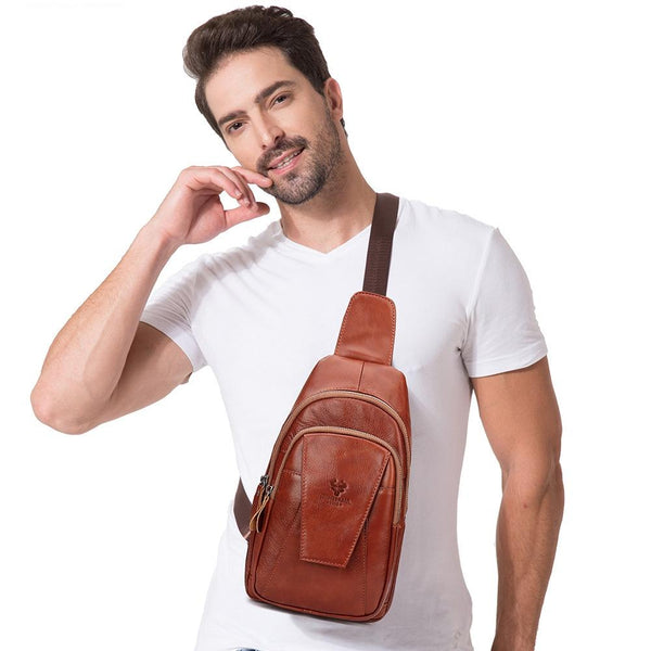 Leather Men Shoulder Bag Compact & Stylish Yellow Brown Bags