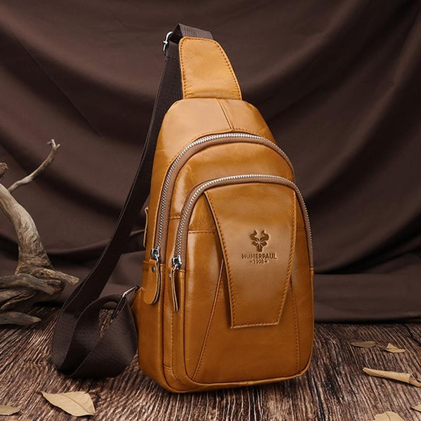 Leather Men Shoulder Bag Compact & Stylish Yellow Brown Bags