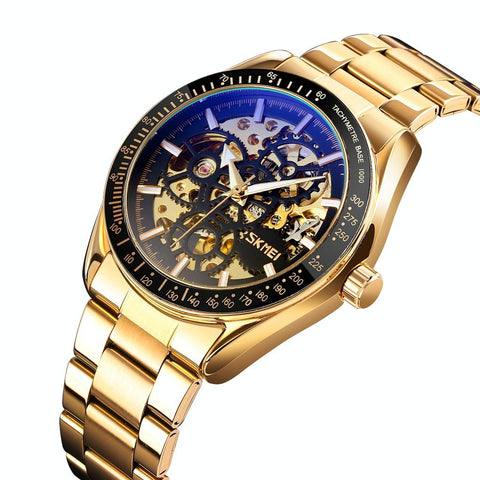 Men Automatic Mechanical Watch With Gear Dial Gold Black Watches
