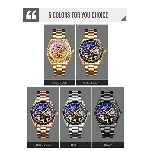 Men Automatic Mechanical Watch With Gear Dial Gold Black Watches