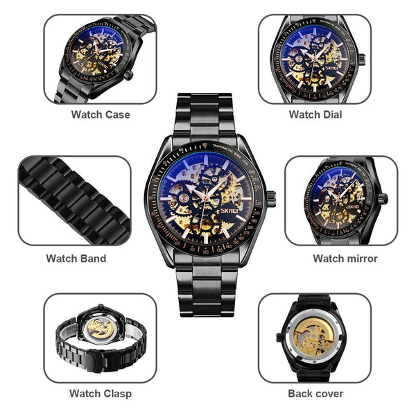 Men Automatic Mechanical Watch With Gear Dial Gold Black Watches