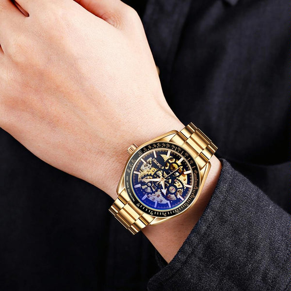 Men Automatic Mechanical Watch With Gear Dial Gold Black Watches