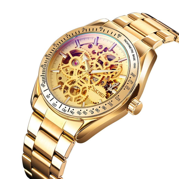 Men Automatic Mechanical Watch With Gear Dial Gold Black Watches