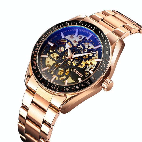Men Automatic Mechanical Watch With Gear Dial Gold Black Watches