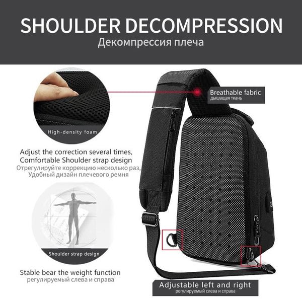 Water Repellent Multi Function Chest Bag With Usb Port Size Gray Bags