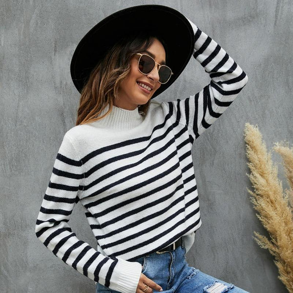 Women Striped Knitwear Loose Stand Up Collar Pullover Sweater Black White Xs Jumpers & Cardigans