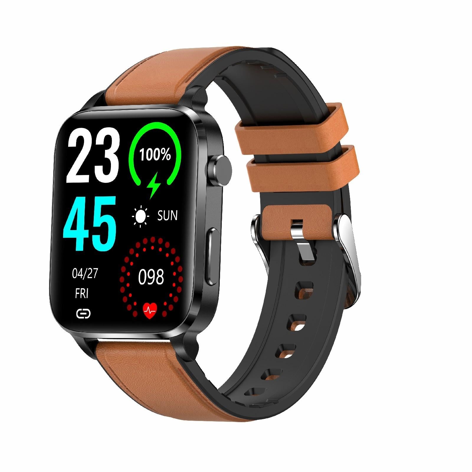 1.7 Inch Hd Square Screen Smartwatch With Leather Strap Temp & Spo2 Monitor Brown Smart Watches