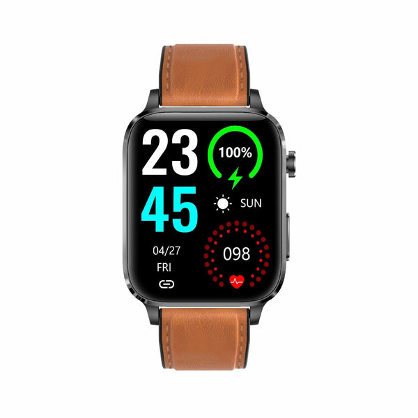 1.7 Inch Hd Square Screen Smartwatch With Leather Strap Temp & Spo2 Monitor Brown Smart Watches