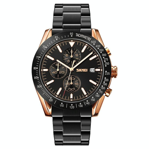 Stainless Steel Strap Quartz Watch For Men With Date And Six Pin Design Gold Black Watches