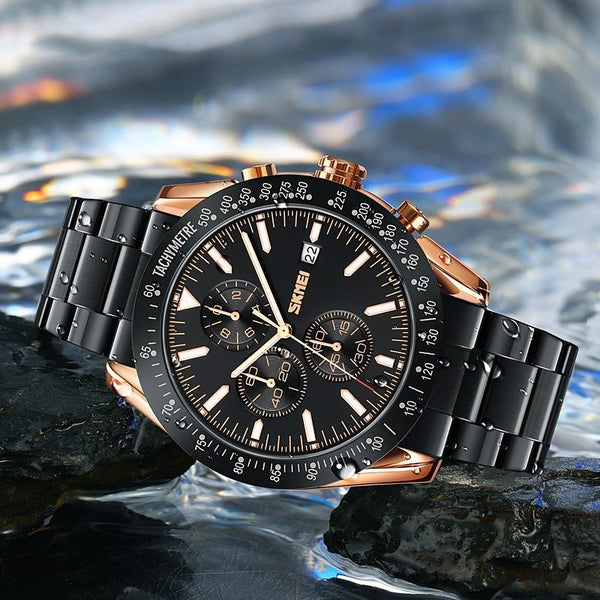 Stainless Steel Strap Quartz Watch For Men With Date And Six Pin Design Gold Black Watches