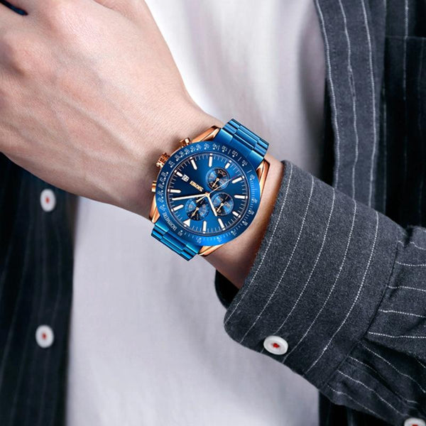 Stainless Steel Strap Quartz Watch For Men With Date And Six Pin Design Gold Black Watches