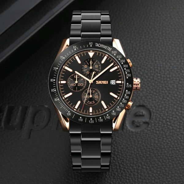 Stainless Steel Strap Quartz Watch For Men With Date And Six Pin Design Gold Black Watches