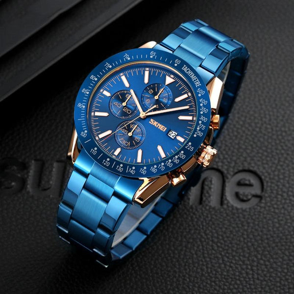 Stainless Steel Strap Quartz Watch For Men With Date And Six Pin Design Gold Black Watches