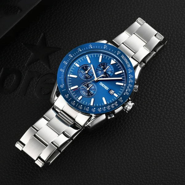 Stainless Steel Strap Quartz Watch For Men With Date And Six Pin Design Gold Black Watches