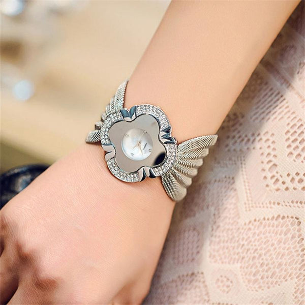 Silver Flower Shape Mirror Dial Diamond Grid Strap Quartz Watch For Women Watches