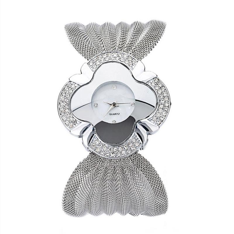 Silver Flower Shape Mirror Dial Diamond Grid Strap Quartz Watch For Women Watches