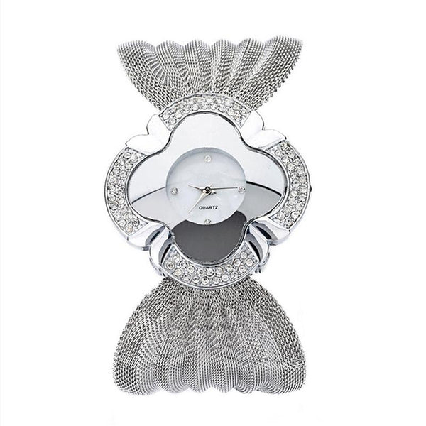 Silver Flower Shape Mirror Dial Diamond Grid Strap Quartz Watch For Women Watches
